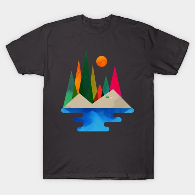 Mountains, forest, lake adventure. T-Shirt by Curvilineo